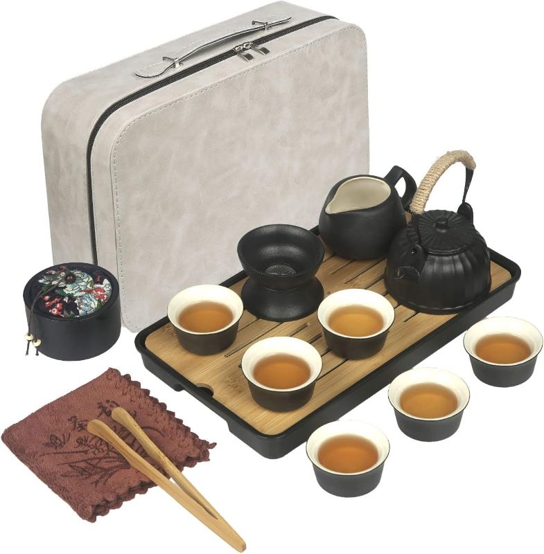 Photo 2 of Chinese Tea Pot Cup Set with Tray Infuser - Travel Ceramic Tea set Porcelain Teapot, Cute Asian Tea Set for Tea Lover/Women/Men(Rectangle Pumpkin Black)
