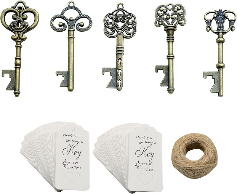 Photo 1 of 50pcs Bronze Skeleton Key Beer Bottle Opener With 100 Pcs Thank You Card and 98 Feet Hemp Rope for Wedding Party Favors (Bronze-White Cards)

