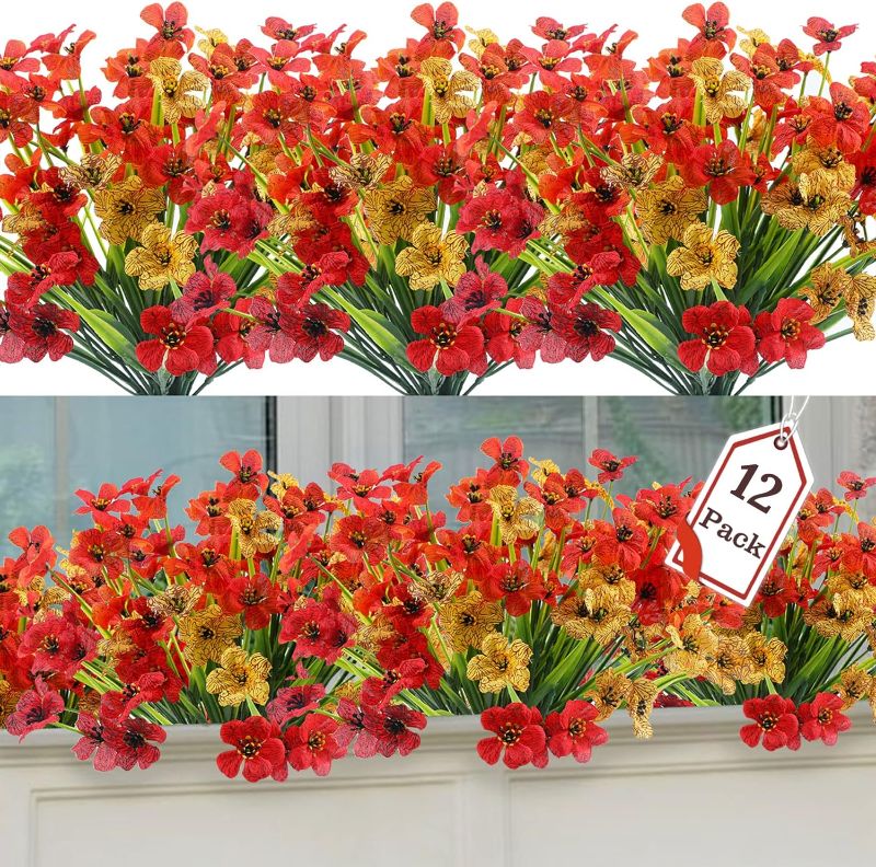Photo 1 of ALAGIRLS Artificial Plants & Flowers Outdoor UV Resistant 12 Bundles, Plastic Fake Flowers for Home Garden Patio Decor, Faux Silk Flowers for Outdoor Planters, Hanging Baskets, Red Yellow Orange
