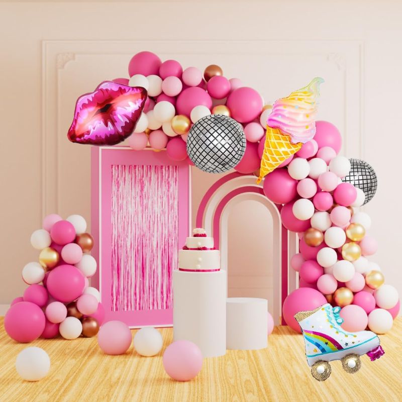 Photo 1 of 138Pcs Pink Balloon Garland Arch Kit with Hot Pink Light Pink Rose Gold White Balloons, Silver Disco Ball Balloons and Others for Princess Theme Party Girls Women Birthday Baby Shower Queen Themed Decorations (Pink Girl)
