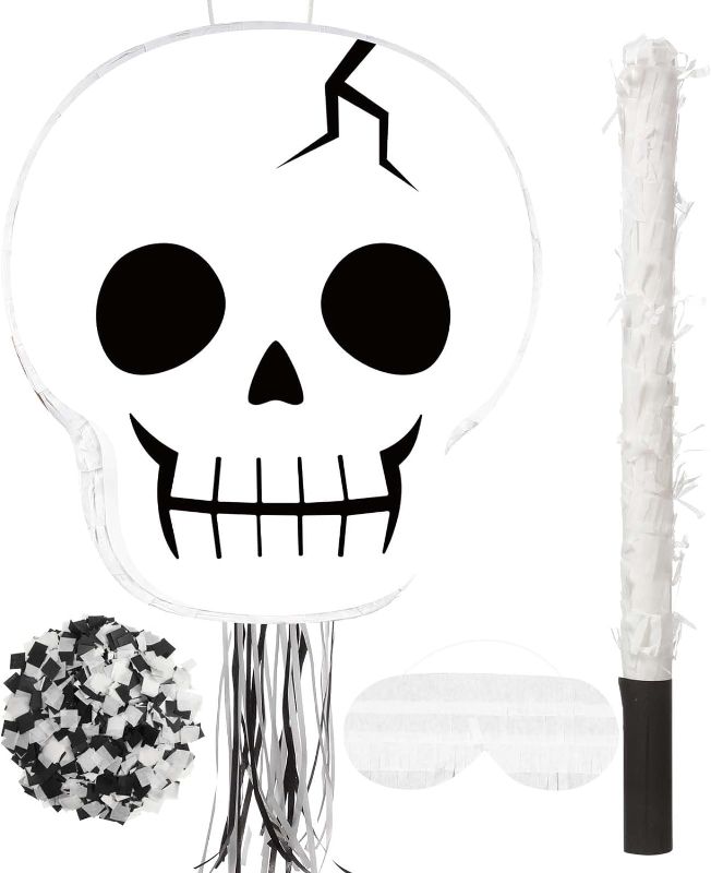 Photo 1 of Aoriher Halloween Pinata Skeleton Pull String Pinata Day of the Dead Skull Pinata with Stick Blindfold and Confetti Filled Pinata for Halloween Decoration Mexican Birthday Party Game Supplies
