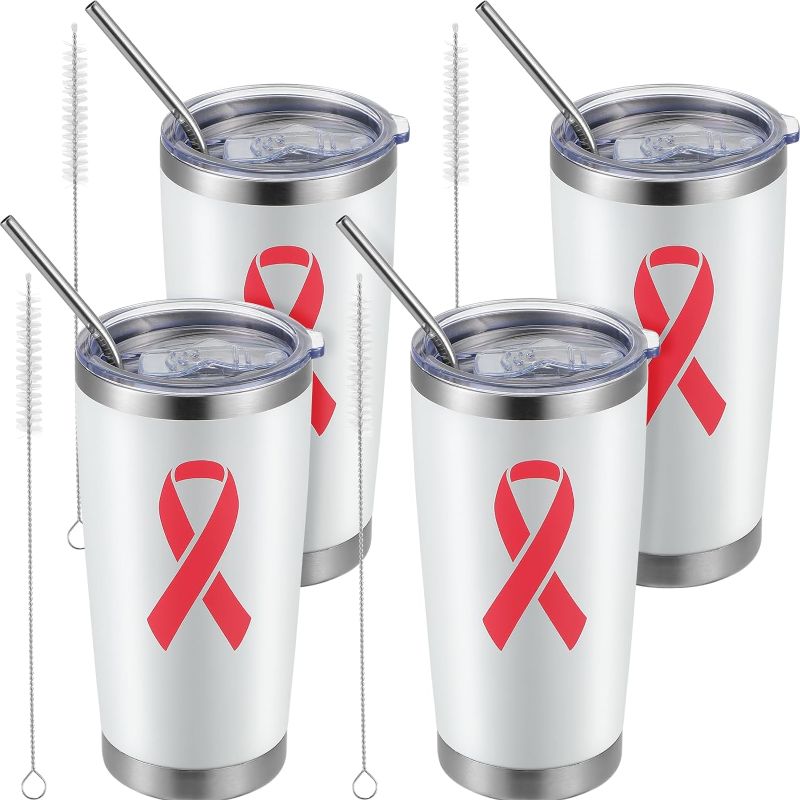 Photo 1 of Zhehao 4 Pcs Breast Cancer Awareness Tumbler Breast Cancer Gifts for Woman Breast Cancer Survivor Gift Ideas 20 oz Pink Ribbon Stainless Steel Travel Mug Coffee Cup with Lid Cleaning Brush Straw
