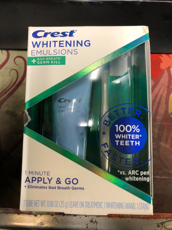 Photo 1 of Crest Whitening Emulsions + Bad Breath Germ Kill Leave-On Teeth Whitening Gel Kit with Wand Applicator and Stand, Apply & Go, 0.88oz