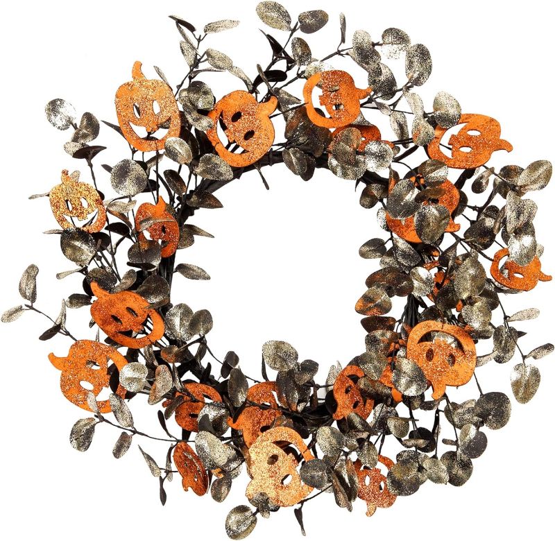 Photo 1 of 18 Inch Halloween Wreath Pumpkin Wreath with Glitter Decorations Fall Decorations with Wood Pumpkins Thanksgiving Decorations