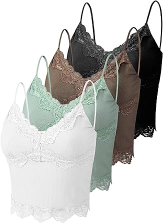 Photo 1 of 4 Pcs Women's Lace Patchwork Crop Lace Trim Cami Top Spaghetti Strap V Neck Rib Knit Tops Lace Camisole for Women SIZE LARGE 