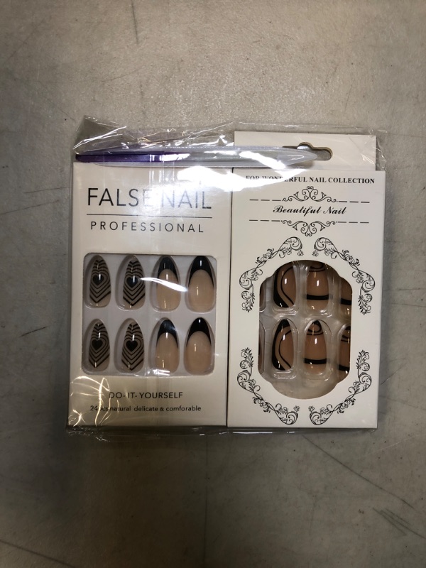 Photo 2 of 2 Pack (48 Pcs) Press On Nails Short Medium, Black Almond Glue On Nails Fake Nails With Nail Glue Stickers False Nails Swirl Black French tip Press on Nails