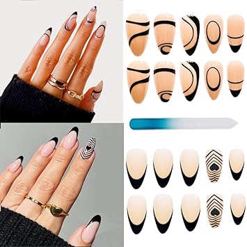 Photo 1 of 2 Pack (48 Pcs) Press On Nails Short Medium, Black Almond Glue On Nails Fake Nails With Nail Glue Stickers False Nails Swirl Black French tip Press on Nails