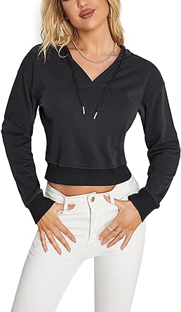 Photo 1 of Germinate Cropped V Neck Hoodies Pullover Sweatshirt Women Cotton White Black Grey Basic Cute Hooded Crop Top Hoodie SIZE LARGE 