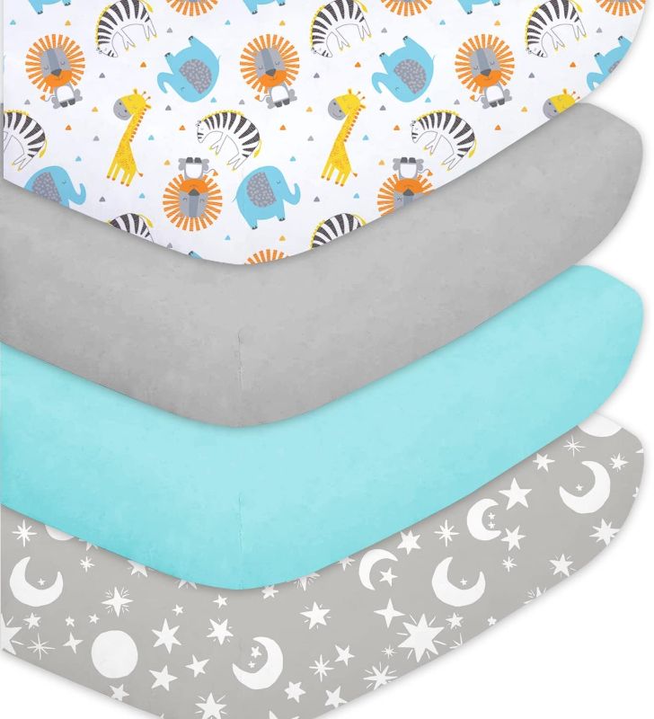 Photo 1 of bimocosy Fitted Crib Sheets for Boys Girls 4 Pack, Size 28"x 52" for Standard Crib and Toddler Mattresses, Super Soft Breathable Microfiber Baby Crib Mattress Sheet, Stars/Woodland Animals/Grey/Green