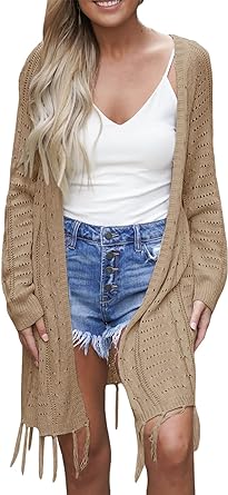 Photo 1 of Cardigan for Women 2023 Lightweight Knit Open Front Hollow Out Crochet Tassel Kimonos Long Sleeve Fall Loose Sweater Cover Up -- SEALED, UNKNOWN SIZE 