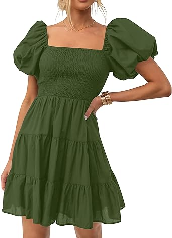 Photo 1 of ZESICA Women's 2023 Boho Summer Square Neck Puff Sleeve Off Shoulder Smocked Tiered Casual A Line Short Mini Dress SIZE 2XL 