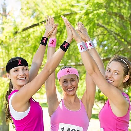 Photo 1 of 36 Pcs Breast Cancer Awareness Sweatbands Set Pink Ribbon Awareness Sport Headbands Includes 24 Pcs Athletic Wrist Bands 12 Pcs Head Sweat Bands for Women Awareness Month