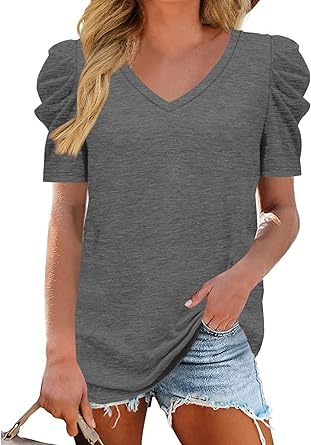 Photo 1 of Danedvi Women Summer Casual V-Neck Short Puff Sleeves T Shirt Solid Basic Tunic Tops size unknown -- sealed 