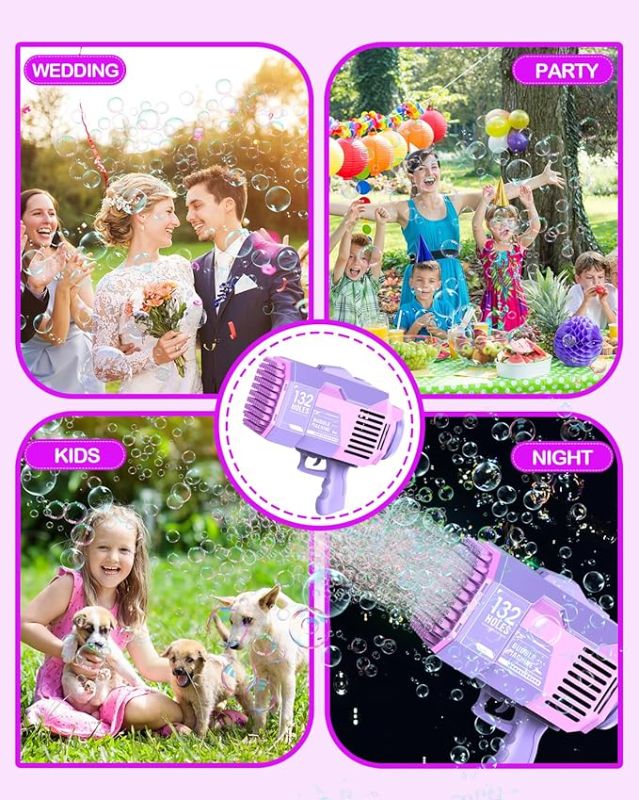 Photo 1 of Bubble Machine Gun, Upgraded 132 Holes Bubble Gun with Bubble Solution, Bazooka Bubble Machine, Bubble Maker for Kids Boys Girls Adults Outdoor Indoor Birthday Wedding Party Gifts,Purple