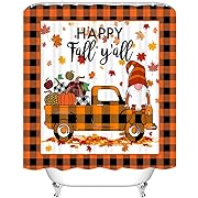 Photo 1 of  Fall Buffalo Check Plaid Shower Curtain Gnome Autumn Truck Pumpkin Maple Leaves Farmhouse for Home Bathroom Bathtubs Sets Decorations Easy Care Washable Durable Polyester Fabric 72"x72"Y·