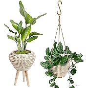 Photo 1 of 2 in 1 Seagrass Indoor Planter Basket Pot with Pluggable Wooden Stand, Wire Hanger, Modern Basket Pot Indoor Planter Up to 6 Inch Pot Storage, Organizer Basket Rustic