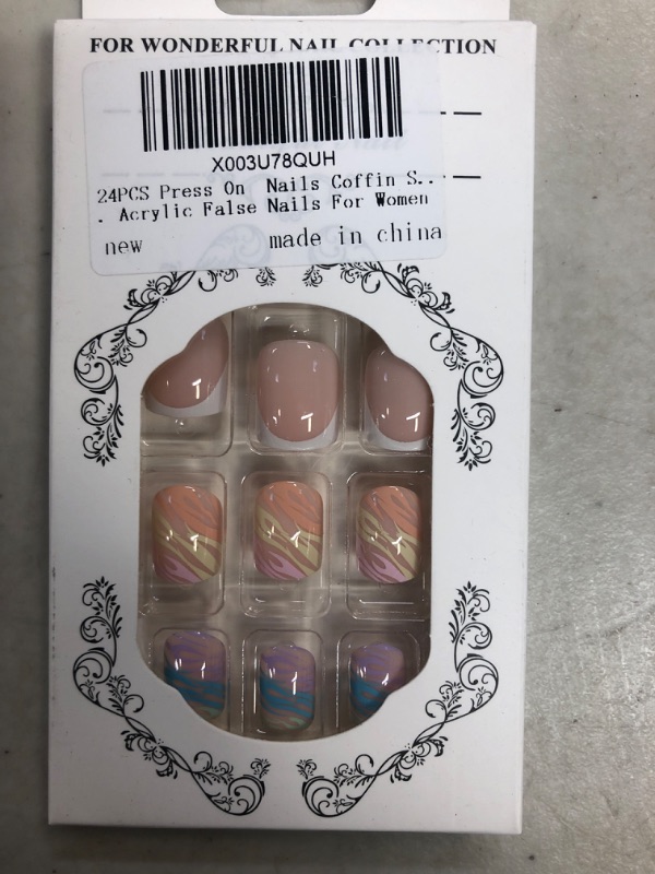 Photo 1 of  Press On  Nails Coffin Short,Nude French Point Colorful Lines Pattern Fake Nails, Reusable With Glue Acrylic False Nails For Women