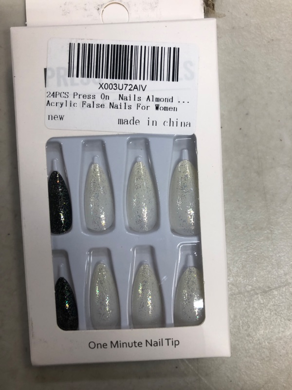 Photo 1 of 24PCS Press On  Nails Almond Short, White And Black With Thin Flash Fake Nails, Reusable With Glue Acrylic False Nails For Women