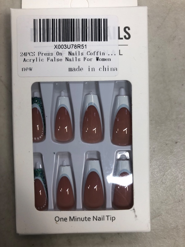 Photo 1 of 24PCS Press On  Nails Coffin Medium, French Tip With Glitter Fake Nails, Reusable With Glue Acrylic False Nails For Women