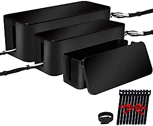 Photo 1 of [Set of Three] Cable Management Boxes Organizer, Large Storage Wires Keeper Holder for Desk, TV, Computer, USB Hub, System to Cover and Hide & Power Strips & Cords (Black)