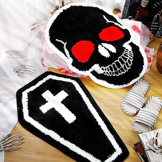 Photo 1 of 2 Pcs Halloween Bathroom Rugs Skull Bath Mat Coffin Doormats Gothic Bat Bath Mat Non Slip Cute Pumpkin Kitchen Mat Spooky Ghost Door Mat for Home Horror Festival Indoor Outdoor Bedroom (Coffin)
