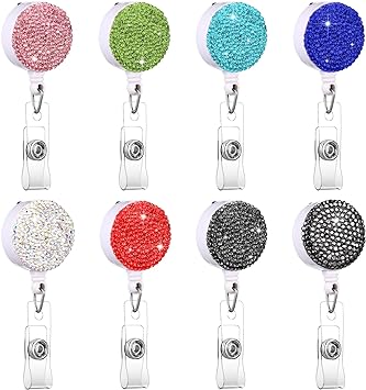 Photo 1 of 2 PCK Tenceur 8 Pieces Bling Retractable ID Badge Holder Nursing Badge Reel Retractable Keychain Badge Holder Retractable Clip ID Badge Clip with Bling Rhinestones for Office Worker Teacher Doctor Nurse
