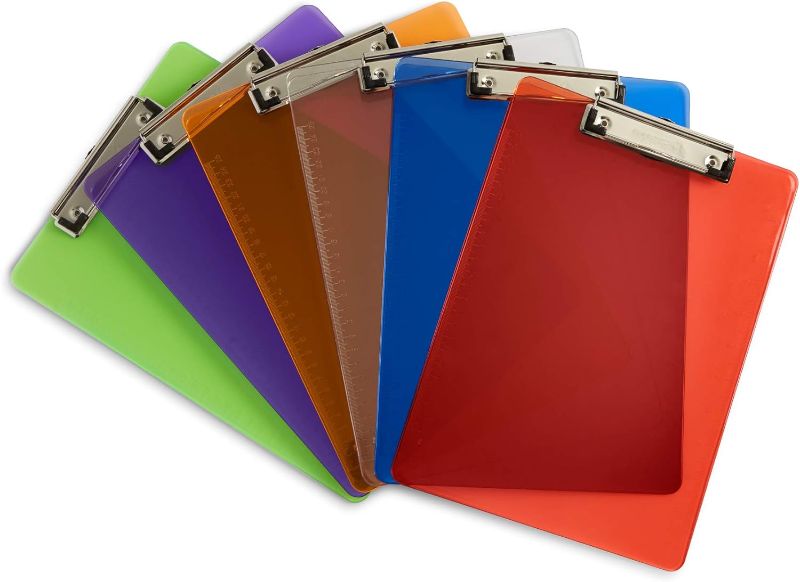 Photo 1 of 6 Pack Assorted Transparent Color Plastic Clipboards, 2.3mm Heavy Duty Board, Low Profile Clip, Clipboards for Classrooms, Offices, Restaurants, Doctor Offices, 6 Plastic Clipboard Pack
