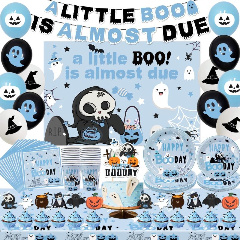 Photo 1 of 108Pcs Halloween Baby Shower Decorations for Boy Tableware Set,Blue Happy Boo Day Plates and Napkins, Banner and Backdrop,Ghost Balloons and Caketopper for Gender Reveal Kids Birthday Party Supplies
