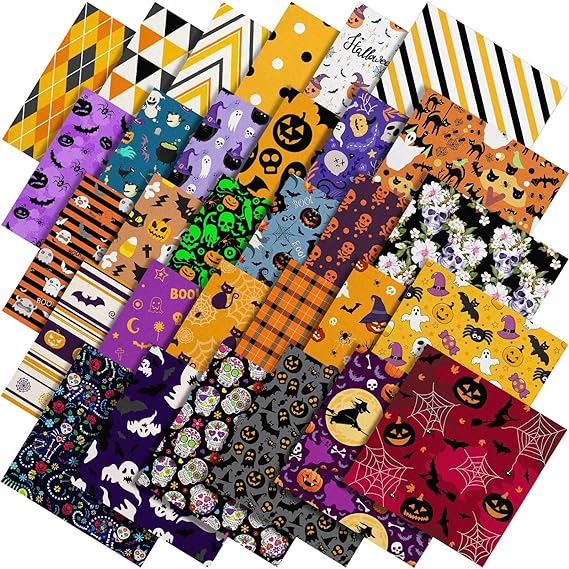 Photo 1 of 60 Pcs 10 x 10 Inch Halloween Fabric Polyester Fabric Bundle Fat Quarters Bat Pumpkin Ghost Skull Print Fabric Squares Holiday Quilting Fabric for DIY Decorations Sewing Craft, 30 Styles (Ghost)
