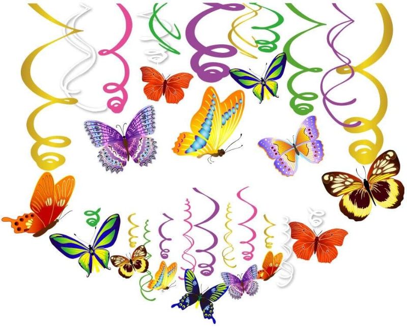 Photo 1 of 30Ct Spring Butterfly Hanging Swirl Decorations,Themed Birthday Party,Party Supplies,Ceiling Hanging Swirl Decorations for Girls,Boys,Kids Home,Classroom,Baby Showers
