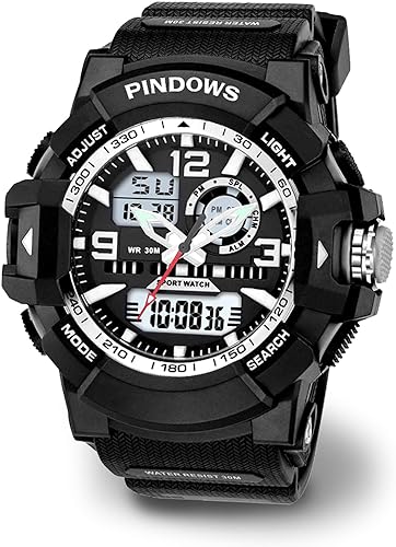 Photo 1 of PINDOWS Watch for Men, Military Digital Analog Watch with LED Backlight Lighting,Outdoor Sports Electronic Watch Date Multi Function Alarm Stopwatch, 50M Waterproof Men Wrist Watch 12H/24H Display.
