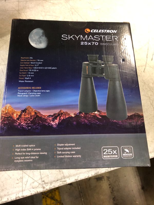 Photo 3 of NEW - SEALED Celestron – SkyMaster 25X70 Binocular – Outdoor and Astronomy Binoculars – Powerful 25x Magnification – Large Aperture for Long Distance Viewing – Multi-coated Optics – Carrying Case Included SkyMaster 25x70 Binocular Binocular only