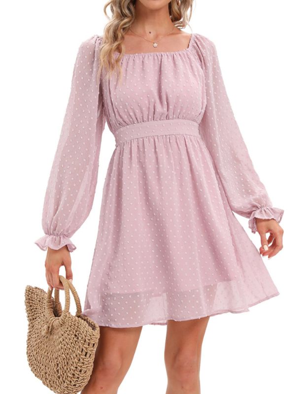 Photo 1 of ETOSELL Women Summer Dresses Long Lantern Sleeve Square Neck Ruffle Tunic Swiss Dot Aline Casual Short Swing Mini Dress XLarge- Pink