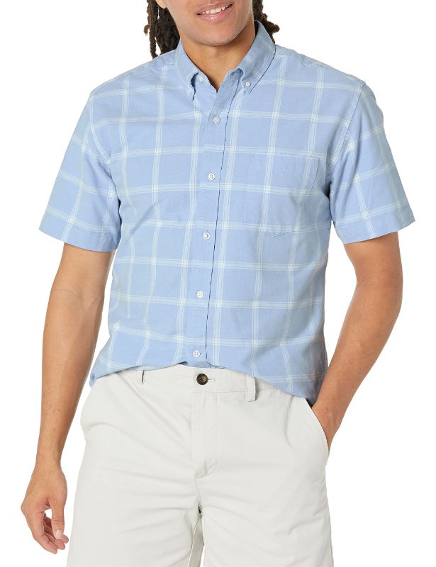 Photo 1 of Amazon Essentials Men's Regular-Fit Short-Sleeve Pocket Oxford Shirt Large Blue, Windowpane