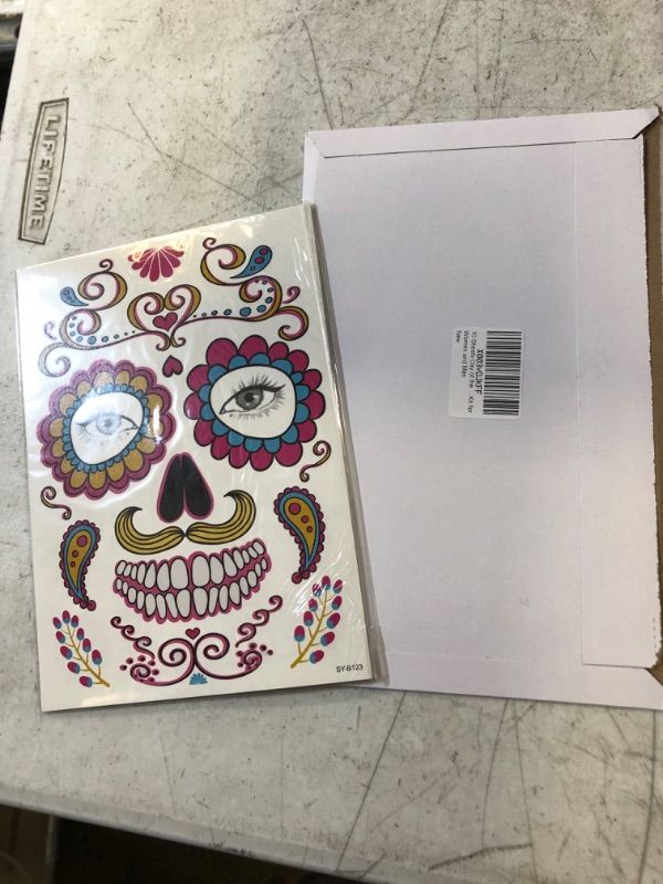 Photo 1 of 10 Sheets Day of the Dead Face Tattoos, Temporary Sugar Skull Face Tattoo, Skeleton Face Tattoo Sticker, Halloween Full Face Mask Makeup Kit for Women and Men
