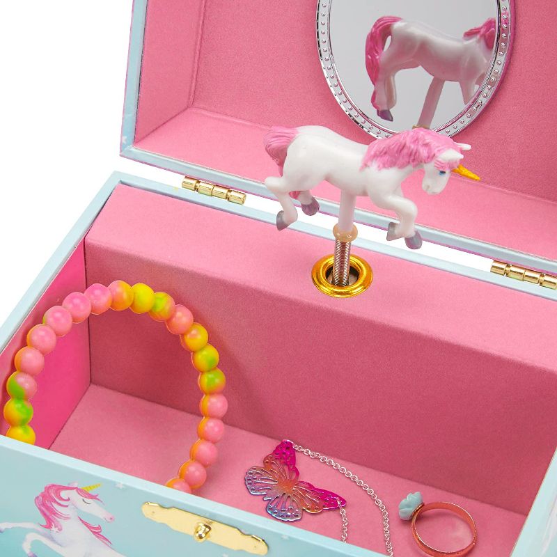 Photo 1 of Jewelkeeper Girl's Musical Jewelry Storage Box with Spinning Unicorn, 6 x 4.65 x 3.5 inches, Rainbow Design, The Beautiful Dreamer Tune
