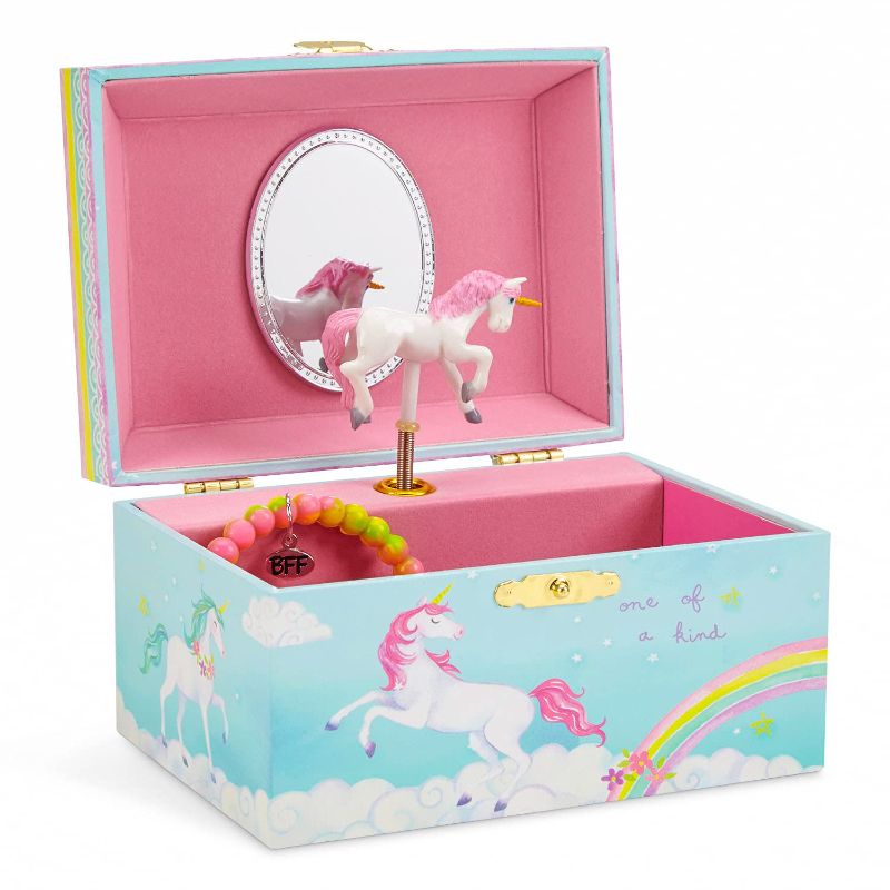 Photo 1 of Jewelkeeper Girl's Musical Jewelry Storage Box with Spinning Unicorn, 6 x 4.65 x 3.5 inches, Rainbow Design, The Beautiful Dreamer Tune
