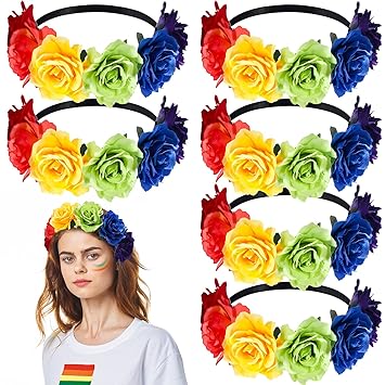 Photo 1 of Giegxin 6 Pieces Gay Pride Rainbow Flower Headband Rainbow Pride Stuff Accessories Stretch Rose Flower Headband Floral Crown for LGBTQ Bisexual Pride Party Supplies Hawaiian Accessories
