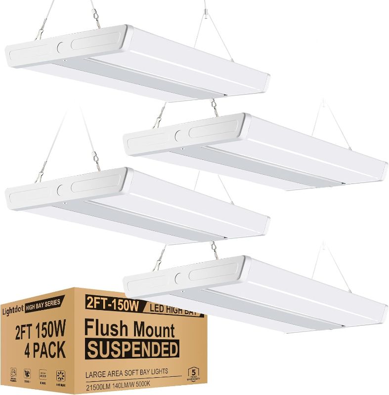 Photo 1 of Lightdot 4 Pack LED High Bay Shop Light, 2FT (Large Area Illumination) 150W 21500LM[Eqv.600W MH/HPS]5000K Daylight Linear Hanging Light for Garage Warehouse, Energy Saving Upto 5600KW*4/5Yrs(5Hrs/Day)
