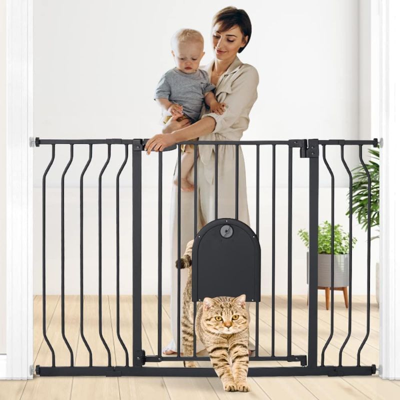 Photo 1 of COMOMY 29.5-48.4" Baby Gate with Adjustable Cat Door,Extra Wide Metal Cat Gate for Stairs Doorways, Auto Close Dog Gate with Pet Door for House, Pressure Mounted Easy Walk Through (30" Tall, Black)
