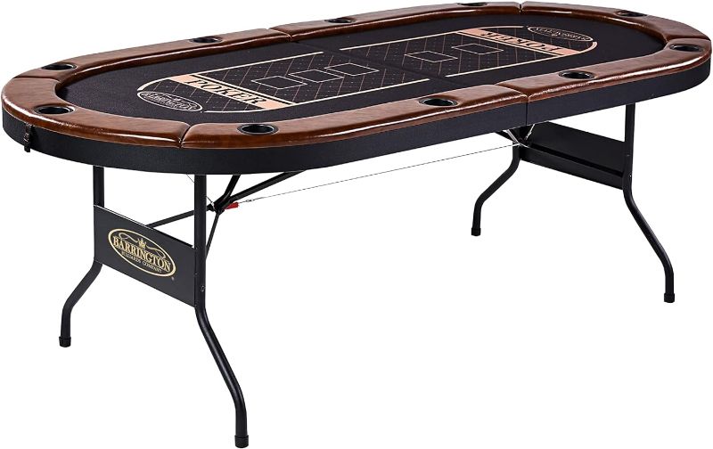 Photo 1 of 10 Player Premium Poker Table with Faux Leather Padded Rails and Cup Holders, Black/Brown, 84 Inches