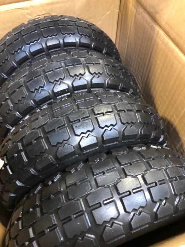 Photo 2 of 4 Pcs 10" Flat Free Tires Solid Pneumatic Tires Wheels, 4.10/3.50-4 Air Less Tires with 5/8" Center Bearings, for Wheelbarrow/Dolly/Garden Wagon Carts/Hand Truck/Wheel Barrel/Lawn Mower, 4 Pack 4 pcs 10'' 4.1/3.50-4