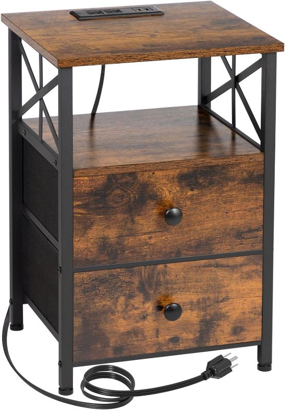 Photo 1 of AMHANCIBLE Side Table with Charging Station, Narrow End Tables Nightstand with USB Ports and Power Outlets, Bedside Table for Bedroom Living Room, Rustic Brown HET04LDBR1 1 Rustic Brown