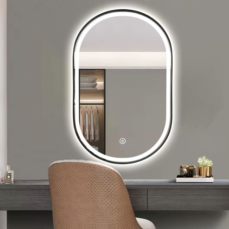 Photo 1 of **NO LED LIGHTING** TheiaMo Oval LED Bathroom Mirror, 36"x24" Lighted Wall Mounted Vanity Mirror with Metal Frame, Anti-Fog IP66 Waterproof Smart Mirror, Memory Function,3000-6000K(Horizontal or Vertical), Black
