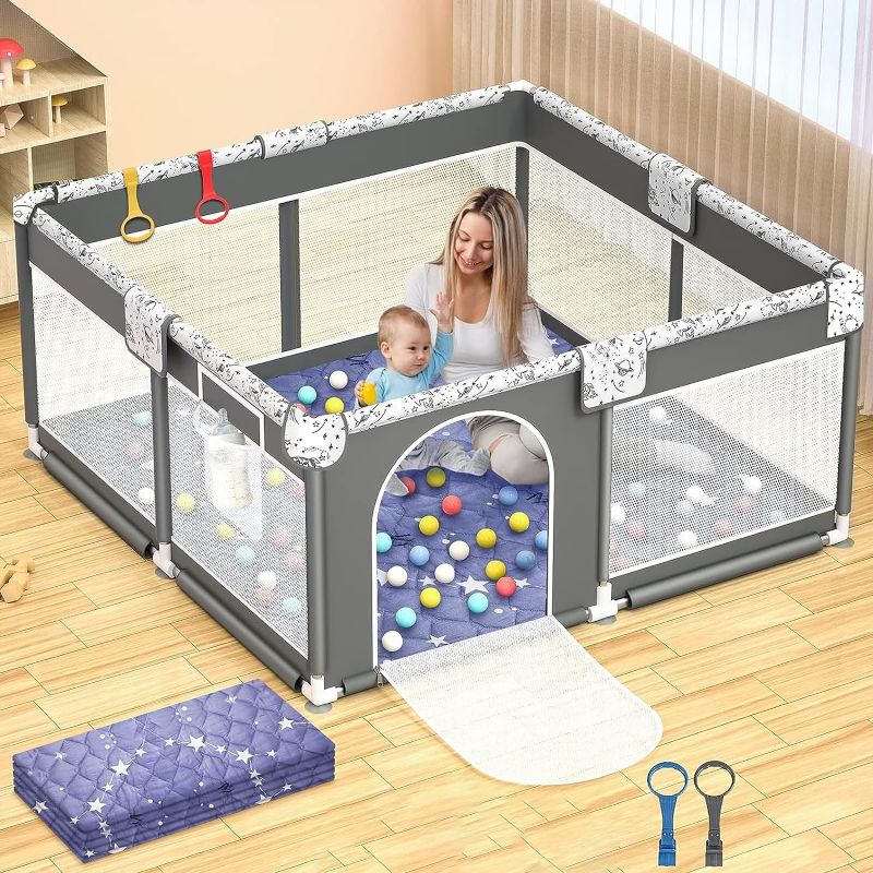 Photo 1 of Baby Playpen with Play Mat, Large Playpen for Babies with Gate, Indoor & Outdoor Baby Fence, Anti-Fall Play Yard with Soft Breathable Mesh, Kids Activity Center (50x50”)(White)
