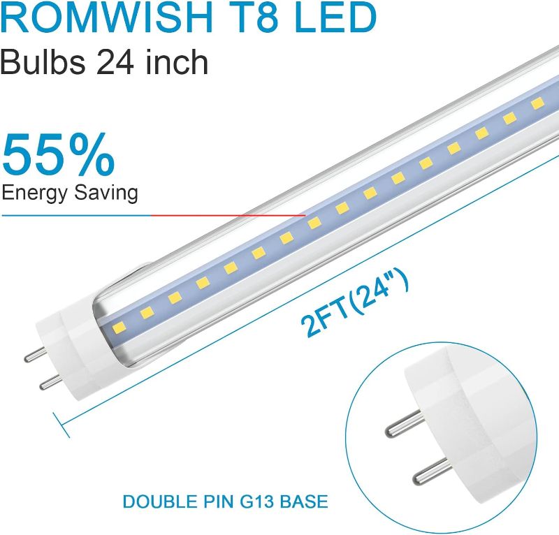 Photo 1 of 2FT LED Tube Light, T8 T10 Type B LED Light Bulb, 1120LM High Bright, 24 Inch F20T12 Fluorescent Replacement, Remove Ballast, 8W(20W Equiv), 5000K Daylight, Double Ended Power, Clear Cover 