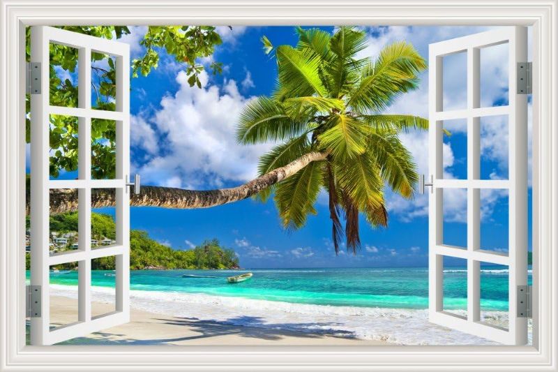 Photo 1 of 3D Fake Window Beach Seaside Wall Sticker Removable Vinyl Mural Decal Wallpaper Adhesive Peel and Stick for Kitchen Office Living Room Decor (32"x48")
