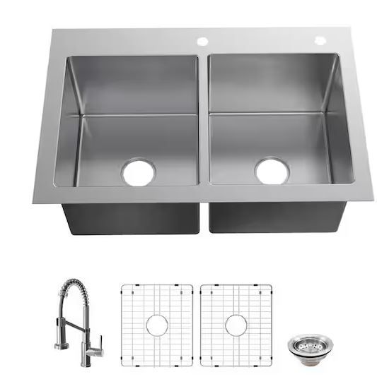 Photo 1 of AIO Tight Radius Drop-In/Undermount 18G Stainless Steel 33 in. 50/50 Double Bowl Kitchen Sink with Spring Neck Faucet
