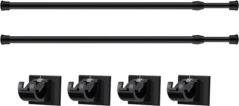 Photo 1 of 2 Pieces Spring Tension Curtain Rod Black Extendable Tension Curtain Rod Adjustable Tension Rod with Self Adhesive Hook Curtain Rods for Windows, Closet, Wardrobe, Bookshelf (27.5 to 47.2 Inch)
