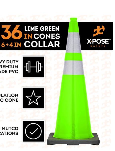 Photo 1 of 36” Lime Green Traffic Cone - Dual 6" & 4" Reflective Collar 